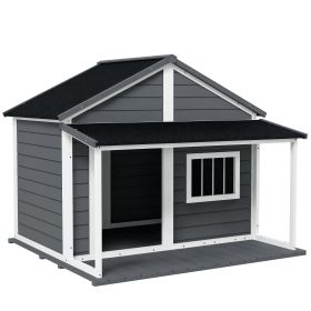 Outdoor Cabin Style Dog House, Medium Dogs, 53 lbs, Gray