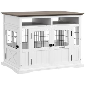 Dog Kennel Furniture Side End Table with Storage, Double Doors for Small and Medium Dogs, White