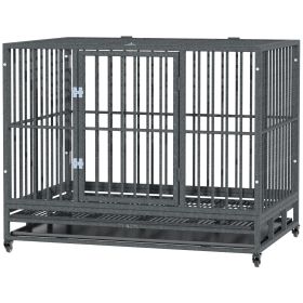 43" Heavy Duty Dog Crate Metal Cage Kennel with Lockable Wheels, Double Door and Removable Tray
