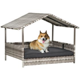 Wicker Dog House Elevated Raised Rattan Bed with Removable Cushion Lounge, Charcoal Gray