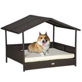Wicker Dog House Outdoor with Canopy, Rattan Dog Bed with Water-resistant Cushion, Raised Dog Bed for Small, Medium Dogs up to 66 lbs, 19.75" in Leng