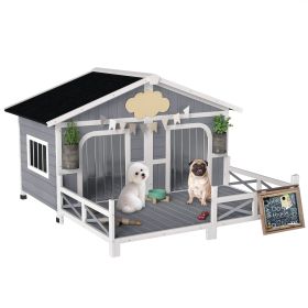 Dog House Outdoor, Wooden Kennel, Weatherproof with Porch, Openable Roof, Removable Bottom, Elevated Floor, Double Room for 2 Small to Medium Dog
