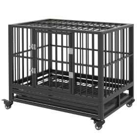 Heavy Duty Dog Crate, Metal Cage Kennel With Lockable Wheels, Double Door With Removable Tray, Gray
