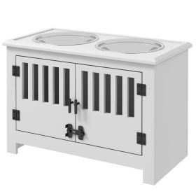 Dog Feeding Station With Storage Cabinet with Bowls, White