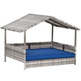 Pet Bed House Wicker, for Indoor/Outdoor Rattan Furniture, with Water-Resistant and Removable Cushions, Elevated Bottom, Dark Blue