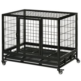 36" Heavy Duty Dog Crate with Removable Tray, Lockable Wheels and Double Door, for Medium and Large Dogs, Black