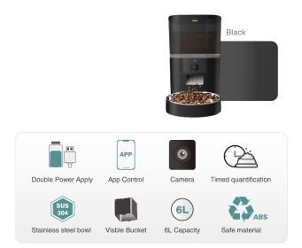 Automatic Pet Feeder With Video Camera And Remote Via Smart Phone With Adjustable Performance (Option: Black 6L-Black Transparent Barrel)