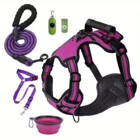 Tactical Service Dog Harness Strap Set, Car Seat Belt, Collapsible Bowl, Biodegradable Trash Bag Set For Dogs (Option: Purple-M)