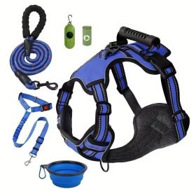 Tactical Service Dog Harness Strap Set, Car Seat Belt, Collapsible Bowl, Biodegradable Trash Bag Set For Dogs (Option: Blue-XL)
