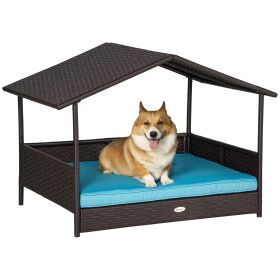 Wicker Dog House Outdoor with Canopy, Rattan Dog Bed with Water-resistant Cushion, Raised Pet Bed for Small, Medium Breeds up to 66 lbs, 20" in Length (Option: Blue-830x175x690 mm)